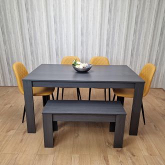 Kosy Koala Grey Dining Table with 4 Diamond Stitched Mustard Chairs & 1 Bench in Dark Grey