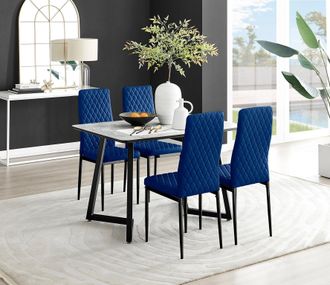 Furniturebox Carson White Marble Effect Dining Table & 4 Velvet Milan Black Leg Chairs in Navy