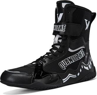 Generic Non-Slip Wrestling Boxing Shoes for Men High Top Wrestling Fitness Boots Lightweight Breathable Weightlifting Footwear,Black,9.5 UK