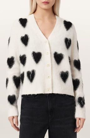 AllSaints Scatter Heart Alpaca & Merino Wool Blend Cardigan in Chalk White/Black at Nordstrom, Size X-Small