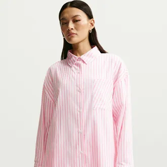 Nike Womens Nike Sportswear Chill Poplin Oversized Woven Long-Sleeve Striped Top in Pink | II4221-850