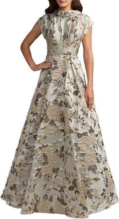 Mac Duggal Floral Mock Neck Brocade Cap Sleeve Ball Gown in Platinum Multi at Nordstrom, Size 10