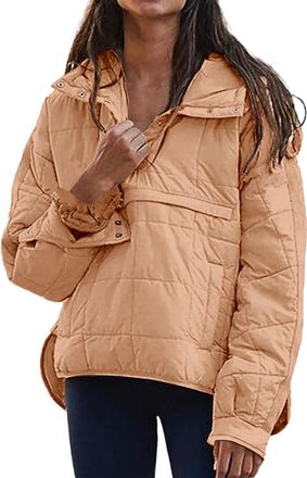 Generic womens fleece jacket,Quilted Puffer Jacket for Women UK Lightweight Pullover Hoodie Warm Winter Down Jackets Quarter Button Casual Padded Coats,Coffee
