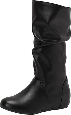 Generic Womens Fashion Mid Calf Booties Round Toe High Height Increasing Heel Slip On With Pleated Shaft Design