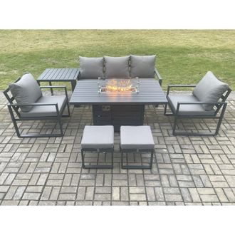 Fimous Fimous Aluminium Patio Outdoor Garden Furniture Lounge Sofa Set Gas Fire Pit Dining Table with Side Table 2 Small Footstools Dark Grey