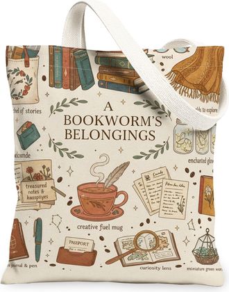Generic Vintage Artistic Canvas Tote Bag, Book LoverS Design Reusable Shopping Bags, Lightweight Washable Shoulder Strap Tote for, Beige, 13x15 Inch