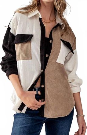 Blu Pepper Relaxed Fit Colorblock Corduroy Shacket In Beige/white/black