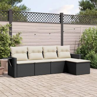 vidaXL Set De Muebles De Jard&iacute;n 5 Pzas Y Cojines Rat&aacute;n Sint&eacute;tico Negro Vidaxl