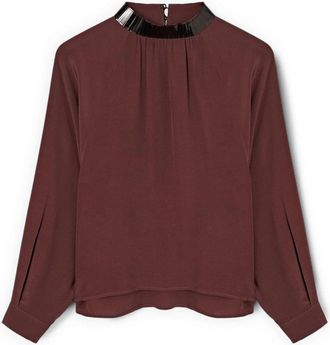 Motivi Vloeiende blouse met geborduurde kraag - Dames - Blouses - Bruin - M - Overhemden