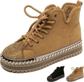 Generic Womens Rhinestone Decorated Lace Up Chunky Platform Winter Boots Fashion Sparkly Chunky Fur Lined Winter Snow Boots (yellow,40.5EU)