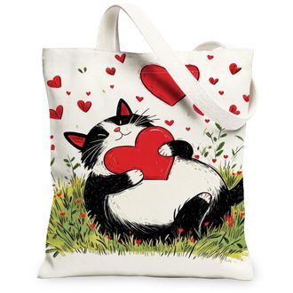 Generic Heart Cat Canvas Tote Bags, Cute Animal Print Reusable Shopping Bags, ValentineS Day Lightweight Washable Shoulder Strap C, White, 13x15 Inch