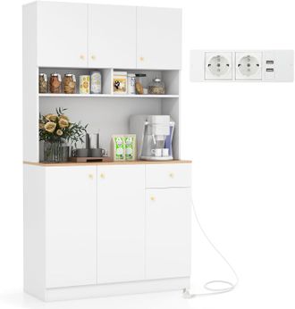 Costway Armario Alacena De Cocina Mueble, Aparador Cocina Con Tomas De Corriente, Puertos Usb, Kits Antivuelco Y Estantes Ajustables De 3 Posiciones, Mueble A