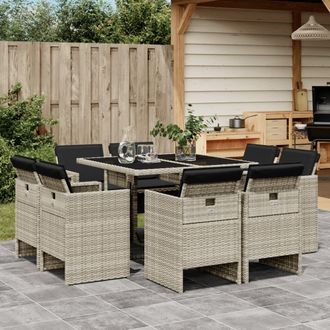vidaXL Set Comedor De Jard&iacute;n 9 Pzas Cojines Rat&aacute;n Sint&eacute;tico Gris Claro Vidaxl