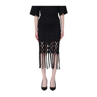 Pinko Midi Skirts, female, Black, L, Cutout Knit Fringe Midi Skirt
