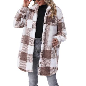 Generic fleece jacket women with hood jean jackets for women uk plus size Winter Jackets for Women UK Warm Soft Plaid Fleece Coats Causal Button Down Long Sle