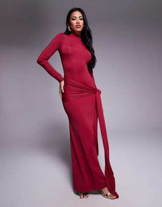 Bardot Alix - Vestito lungo bordeaux allacciato sul davanti a maniche lunghe-Rosso