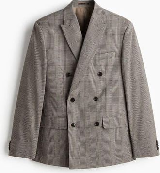 H&M Regular Fit Double-breasted Jacket in Dark Beige/checked at Nordstrom, Size 38
