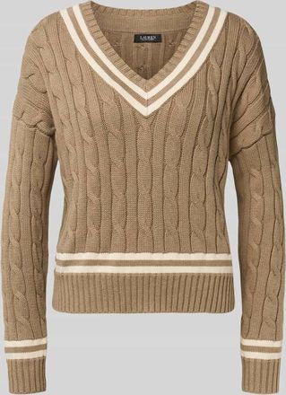 Lauren Ralph Lauren Strickpullover mit Zopfmuster und V-Ausschnitt Modell TEDURPH in Ecru Melange, Größe XL