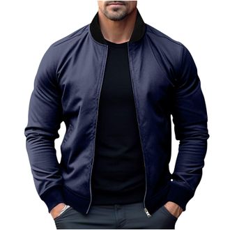 Generic Mens Jacket Bomber Jacket Casual Lightweight Cotton Windbreaker Sportswear With Pockets Long Sleeve Zip Up Stand Collar Jackets Comfortable Material R