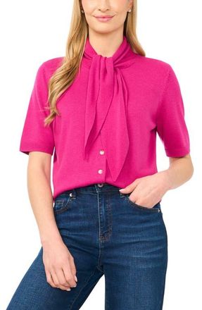 CeCe by Cynthia Steffe Tie Neck Short Sleeve Cardigan in Peony Punch at Nordstrom, Size X-Large