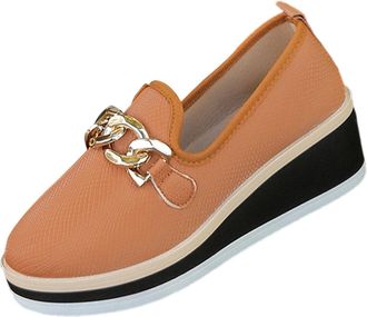 Generic Brown Womens Everyday Loafers with Metal Chain Wedge Heel and Thick Sole for Outdoor and Leisure