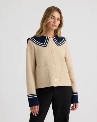 NVLT Womens Eyelash Coatigan with Contrast Sailor Collar and Cuffs