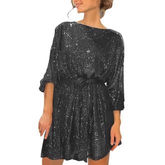 Generic Womens Sparkly Cocktail Dresses Sexy Tie Back Ruched Sequin Dress for Women Elegant Sequin Beaded Lace Up Long Sleeved Party Dress for Women Night Clu