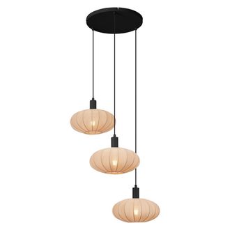 QAZQA Japandi L&aacute;mpara Colgante Japandi Negra Con Pantalla De Tela Marr&oacute;n 3 Luces - Bida Textil /acero Redonda Adecuado Para Led Max. 3 X 15 Watt - Qazqa