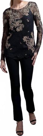 Marchesa Chantilly Lace Top With Crystals In Black