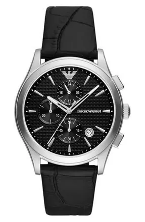 Emporio Armani Chronograph Leather Strap Watch, 42mm in Silver at Nordstrom Rack