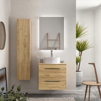 Cygnus Bath Mueble De Ba&ntilde;o Morai 60 Cm Roble Con Tirador Negro Lavabo Sobre Encimera