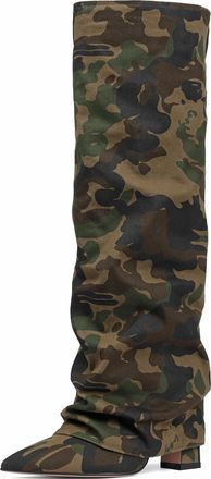 SaraIris Womens Slouchy Knee High Boots Black Pointed Toe Fold Over Chunky Shark Boots, 2 camouflage, 8 UK