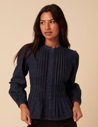 Nobody's Child Dark Denim Pintuck Denim Blouse