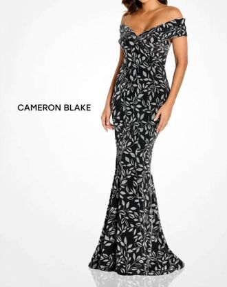 Mon Cheri Off The Shoulder Evening Dress In Black/silver