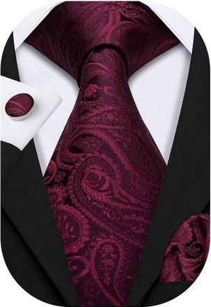 Barry.Wang Burgundy Ties Silk Paisley Necktie Set Fashion Men Pocket Square Cufflinks Wedding Party Formal