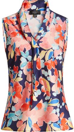 Tahari by ASL Floral Sailor Tie Neck Sleeveless Top in Navy Coral Floral at Nordstrom, Size X-Large P