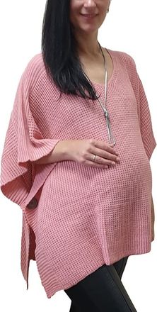 Mimosa Maternity Ladies One Size Knitted Warm Oversized V-Neck Poncho Cape with Side Buttons (One Size, Dusty Pink)