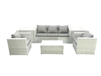 Fimous Rattan Garden Furniture Set with 3 Seater Sofa 2 Chair Rectangular Coffee Table 2 Side Tables Light Grey Mixed 5 Seater