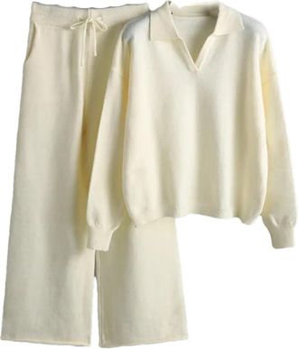 Generic Women Cashmere Turn Down Neck Knitted Sets Loose Outfits Tracksuit Outfits Pullovers Two Pieces Sweater and Pants Beige One Size