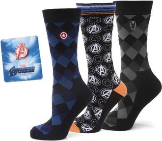 Cufflinks Inc. Marvel 3-Pack Argyle Crew Socks & Lapel Pin Set in Black Multi at Nordstrom, Size 10-13
