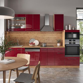 Vicco Mueble De Cocina Fame-line, Burdeos Brillo Intenso/roble Dorado, 300 Cm Con Armario Alto, Sin Encimera