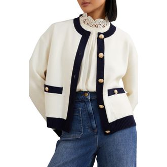 Reiss Olive Crewneck Wool & Cashmere Cardigan in Cream/Navy at Nordstrom, Size Medium