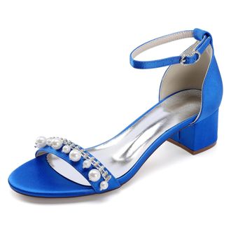 Generic Bridal Shoes Women Open Toe Pearl Block Heels Wedding Shoes Low Heel Chunky Heels Bridal Satin Heels Sandals 4.5Cm,Royal Blue,10 UK