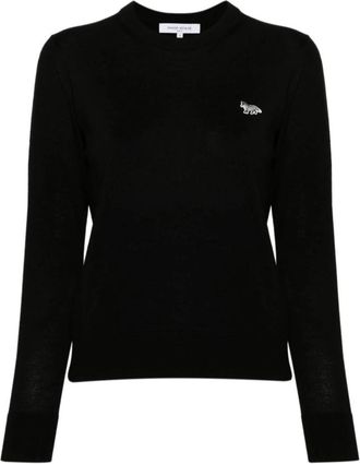 Maison Kitsun&eacute; Zwarte wollen gebreide trui Baby Fox - Dames - Ronde hals truien - Zwart - XS - Wol - Truien & Vesten