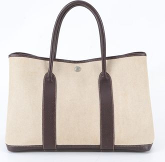Herm&egrave;s Beige Brown Leather Canvas Shoulder Bag Tote Bag (Pre-Owned)