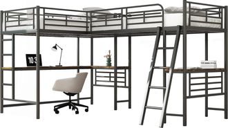 STILVORA Cama Alta 90 X 200 Cm Con Escritorio, Doble Escalera Y Barandilla Alta, Sin Colch&oacute;n, De Metal Y Mdf, Negro