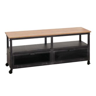 Hhg Hhg - Lowboard 079, Soporte Tv, Ruedas 2 Compartimentos, Estructura 3d Metal Retro Industrial Madera 55x130x36cm, Negro, Natural
