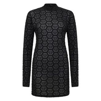 Philipp Plein Kleedjes, Dames, Zwart, M, Polyester, Tulle Mini-jurk met lange mouwen Monogram Strass
