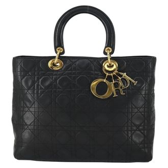 Dior Vintage Lady Dior Bag Cannage Quilt Lambskin Black Leather Handbag (Pre-Owned)