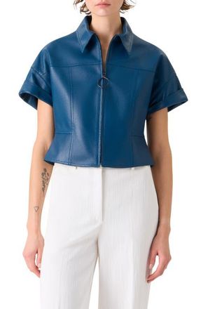 Akris Short Sleeve Perforated Lambskin Leather Crop Jacket in Dark Blue at Nordstrom, Size 10